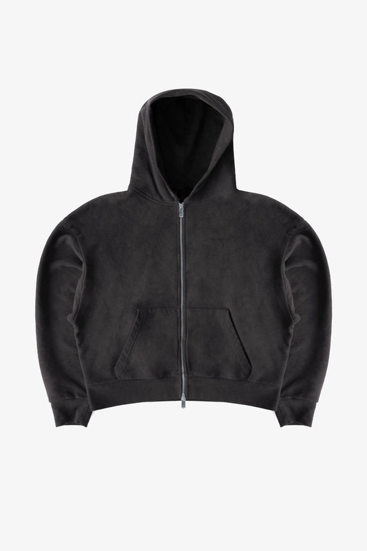 WASHED CROPPED ZIP HOODIE - CHARCOAL